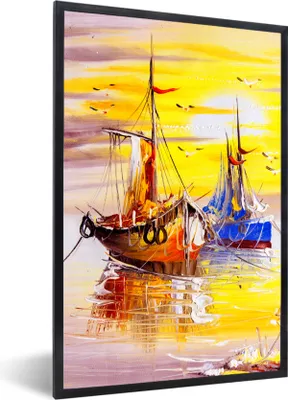 Produktbild von MuchoWow® Gerahmtes Poster Malerei - Boot - Wasser - Ölfarbe 20x30 cm - Poster mit Schwarzem Bilderrahmen Wandposter Rahmen Foto Bilder - Drucken - Bilder Poster im Rahmen