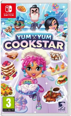The image is a product packaging for the Nintendo Switch game 'Yum Yum Cookstar'. It features cartoon characters and various food items.