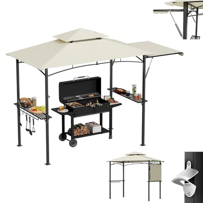 Immagine prodotto di Gazebo per barbecue con tenda laterale, tetto a doppia falda, resistente alle intemperie, color beige