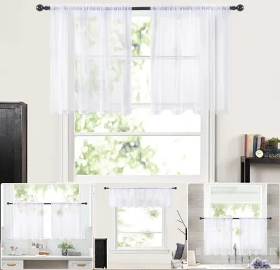 Produktbild von 2 Paneele transparente Vorhänge Stangentasche Netzgardinen Gardinen mit Store Vorhang Voile halbtransparent kurz Vorhang für kleine Fenster durchsichtiger Vorhang Café Weiß 76x92cm
