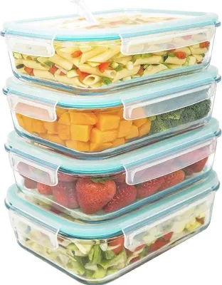 Immagine prodotto di Set da 4 contenitori in vetro per alimenti da 1500 ml. A tenuta ermetica e con valvola di sfiato. Contenitori adatti a microonde, forno, lavastoviglie e congelatore. Senza BPA.