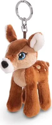 A plush toy keychain of a fawn.