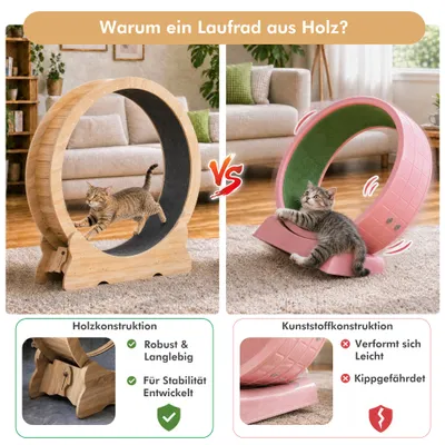 Image de Mondeer Jouet intelligent pour animaux Tapis roulant pour chats,Diamètre intérieur 100cm,Design de serrure de sécurité, Roue de défilement silencieuse,110 x 117 x 36CM Bois naturel