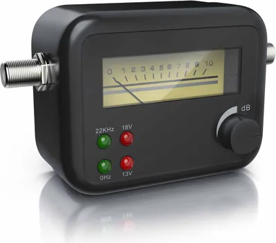 A black satellite finder device with a meter and indicator lights, shown on a reflective surface.