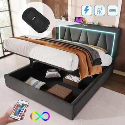 Flieks Boxspringbett 140x200cm mit USB, Polsterbett mit Lattenrost, Doppelbett mit LED, Stauraumbett Jugendbett, Leinen, Grau