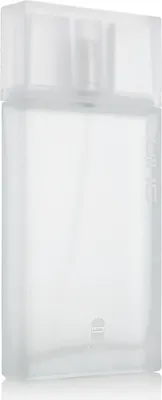 A frosted glass perfume bottle with a white cap, standing upright on a white surface.