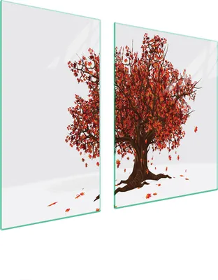 Produktbild von Herdabdeckplatten 2 teilig 90x52 Glaskeramikkochfeld Abdeckung Glas Schneidebrett Baum Laub