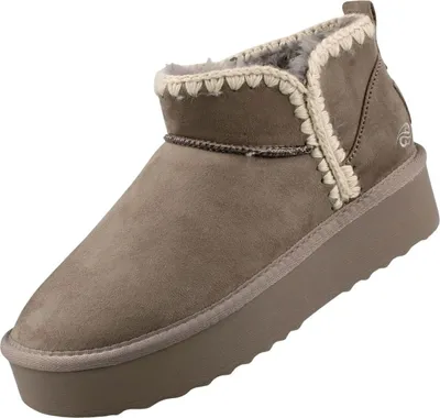 A single beige bootie with a platform sole is shown against a white background.