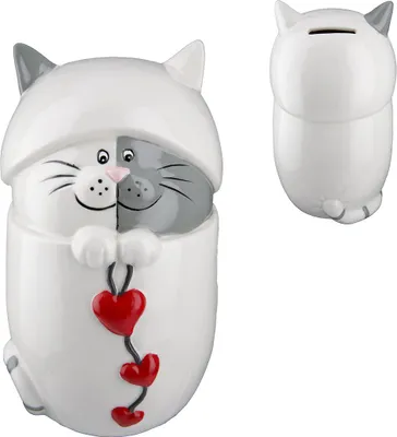 Produktbild von Gilde Spardose, Katze, Amor, Herzmotiv, Porzellan, weiß, VE 2, D. 13 cm Höhe: 18.00 cm Breite: 10.00 cm Tiefe: 11.00cm Durchmesser: 13.00 cm 32094