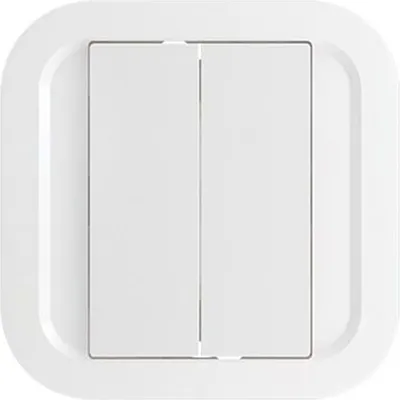 A white, two-button light switch on a white background.