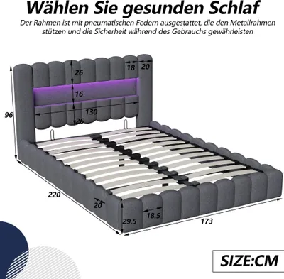 Image de Lit rembourré - Lit avec coffre de rangement 180 × 200 cm - Système de levage hydraulique - Sommier à lattes - Éclairage LED - Aspect lin - Gris