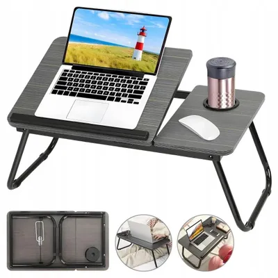 Obrázok produktu pre Prenosný stolík na notebook – sklopný stolík na posteľ – nastaviteľný uhol sklonu – skladacie nožičky – s držiakom na poháre – stolík na notebook na raňajky a prácu z domu