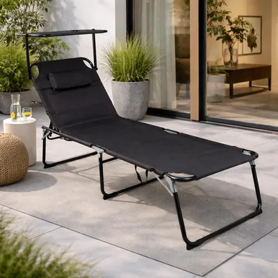 Produktbild von XXL Aluminium Gartenliege Sonnenliege Schwarz mit Dach L200xB70cm