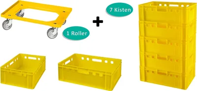 Produktbild von 7 Stück E2-Kasten gelb + 1 Transportroller mit vier Lenkrollen in gelb