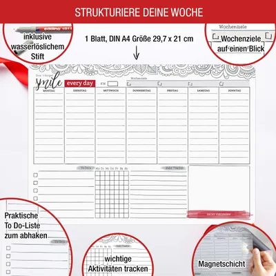 Produktbild von Wochenplaner magnetisch inkl. Stift - Terminplaner ohne Datum zum abwischen und wiederverwenden | Weekly Ziele setzen, to do listen block & Merkliste | Wochenplaner abwischbar