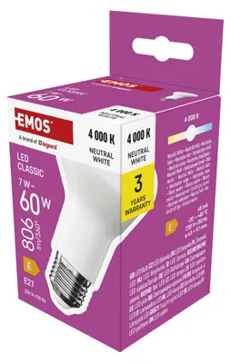 Zdjęcie produktu dla Reflektor LED EMOS, 7W zamiennik 60W, żarówka reflektorowa R63 z trzonkiem E27, jasność 806lm, neutralna biel 4000K, żywotność 30000h, ZQ7E43