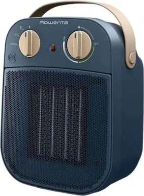 A blue ceramic heater with beige controls and handle, shown from a front-diagonal angle.