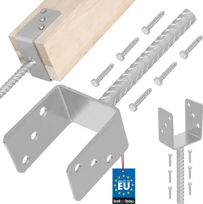 A collection of metal post anchors and screws, with a piece of wood showing how one anchor attaches to it.
