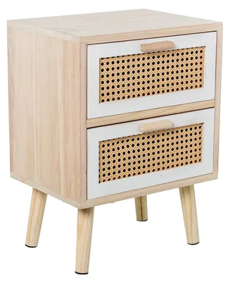 Produktbild von DRW Nachttisch mit 2 Schubladen aus MDF und natürlichem Weidengeflecht, 40 x 30 x 55 cm