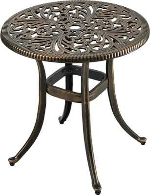 Produktbild von Relaxdays Gartentisch mit Schirmloch, HxD: 53 x 53 cm, Aluguss, wetterfest, antik, runder Balkontisch, schwarz/bronze