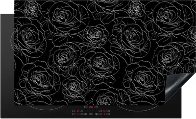 Produktbild von KitchenYeah© Herdabdeckplatte Rosen - Schwarz und Weiß - Muster , 91x52cm, Küche Deko, Glaskeramikkochfeld Herdabdeckung, Abdeckplatte fùr Kochfeld