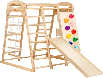 Immagine prodotto di Palestra da interno Jungle Gym, parco giochi da interno 7 in 1 per bambini piccoli, 109 x 120 x 119,5 cm, con scala in legno e corda, scala a rete, altalena, barra per arrampicata, scivolo, parete da arrampicata, giochi da arrampicata da interno in legno per bambini
