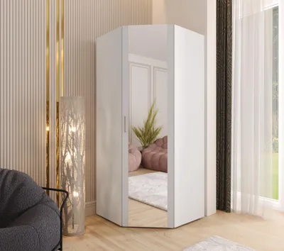 Produktbild von Weißer Eckkleiderschrank 192x80x46 cm – Drehtürenschrank mit Spiegel, 2 Kleiderstangen und Einlegeböden – Schlafzimmerschrank