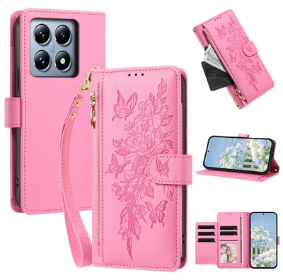 Image de Étui pour Xiaomi 14T, en cuir PU, type portefeuille, avec compartiments, support pour cartes et boucle. Couleur : rose