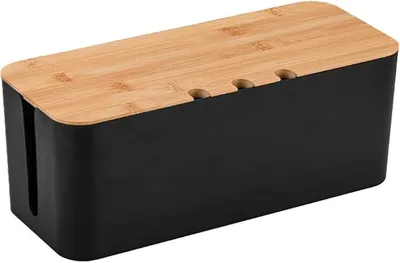 Produktbild von PolkaHome® Kabelmanagementbox mit Bambusdeckel, Kabelbox zum Verstecken von Steckdosenleisten, Kabel-Organizer für Schreibtisch, Schwarz