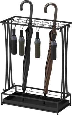 Produktbild von Schirmständer mit herausnehmbarer Tropfwasserschale, Regenschirmständer mit 21 Öffnungen und 24 Haken, Stahl, Schwarz