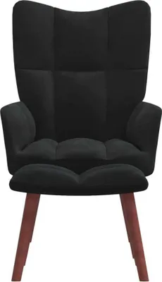 A black armchair with wooden legs is shown against a white background.