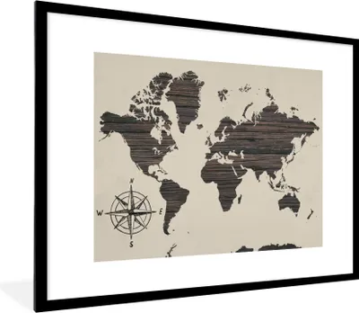 Produktbild von MuchoWow® Gerahmtes Poster Weltkarte - Holz - Vintage 80x60 cm - Poster mit Schwarzem Bilderrahmen Wandposter Rahmen Foto Bilder - Schlafzimmer-Dekorationen - Fotoposter