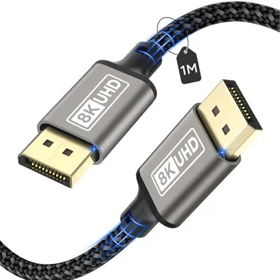 Produktbild von 8K DisplayPort-Kabel 1.4, 8K@60Hz, 4K@165Hz, 2K@240Hz, DP-Kabel unterstützt 32.4Gbps, HDCP2.2, HDR, FreeSync, G-Sync, DSC 1.2 Kompatibel mit Gaming-Monitor, Grafikkarte - 1M