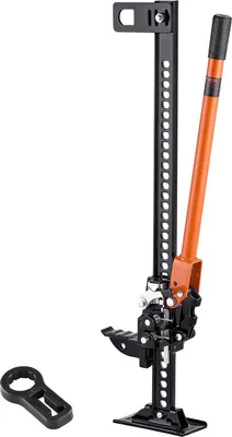 A black and orange farm jack with a separate black accessory tool on a white background.