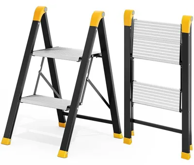 Produktbild von Trittleiter 2 Stufen Klappbar Tritthocker Aluminium Stahl Schwarz Rutschfest EN 14183