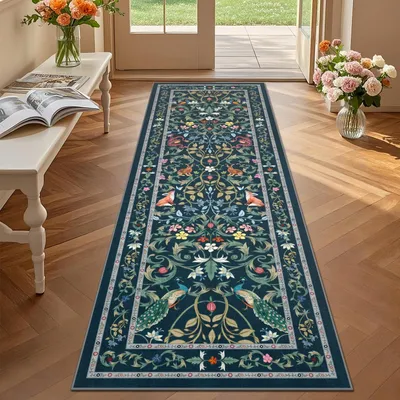 Läufer 60x180 cm, rutschfest, waschbar, blau, Tiermotiv, Boho