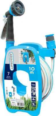 Produktbild von Schlauchaufroller AQUACRAFT® 990490, Set, mit Gartenschlauch 3/8", L-10 m, Bewässerungspistole 7 Sprühmuster