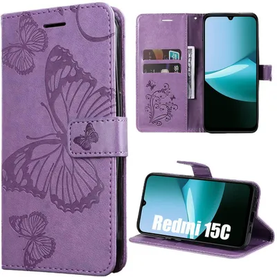 Image de Coque pour Xiaomi Redmi 15C 4G/5G, Protection Anti-Rayures Cuir Synthétique Violet Motif Papillon