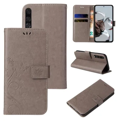 A collage of images showing a flip phone case for a Huawei P20 Pro, with floral and butterfly designs, in gray.