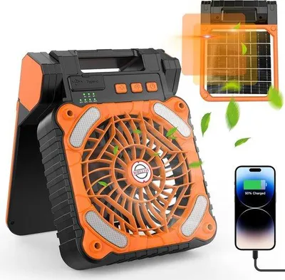 Zdjęcie produktu dla Słoneczny wentylator kempingowy z lampką LED, akumulatorem 10400 mAh, przenośny, z timerem i przyjazny dla środowiska, do kempingu, wędkowania, na wypadek awarii prądu i huraganów