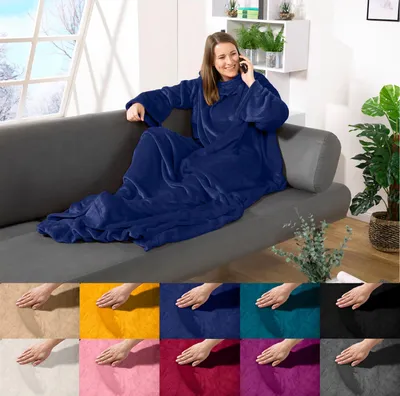 Produktbild von heimtexland ® Ärmeldecke TV Kuscheldecke mit Ärmeln Taschen Fußsack Super Soft Flanell tragbare Decke Ganzkörperdecke Typ870 Royalblau 180x150 cm