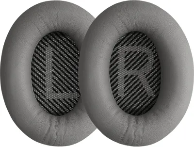 Two grey ear pads for headphones are shown side-by-side on a white background.