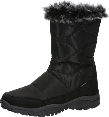 A black winter boot with fur trim.