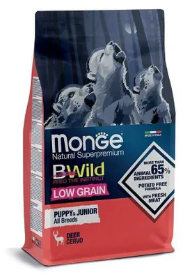 Imagen del producto de Monge bwild, alimento para cachorros de todas las razas, bajo en cereales, sabor a venado, 12 kg