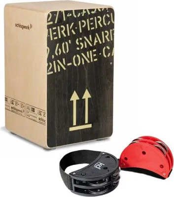 Zdjęcie produktu dla Schlagwerk Cajon CP404 BLK Black z zestawem tamburynu nożnego
