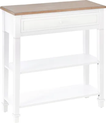 Produktbild von HOMCOM Multifunktionaler Konsolentisch, Beistelltisch fš¹r Wohnzimmer, Flur, Esszimmer mit 2 Regalen, 1 abnehmbarer Schubladengriff, Retro-Kiefernstil, 75,6 x 27,5 x 80,5 cm, Naturholz, Wei?