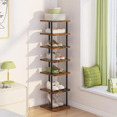 Immagine prodotto di Scaffale verticale e stretto per scarpe, con 7 ripiani, dimensioni 28x28x106 cm, colore marrone
