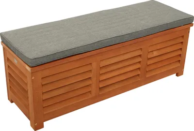 Produktbild von DEGAMO Kissenbox Gartenbox Auflagenbox MONZA 128x42x43,5cm, Eukalyptus geölt, mit Sitzpolster grau