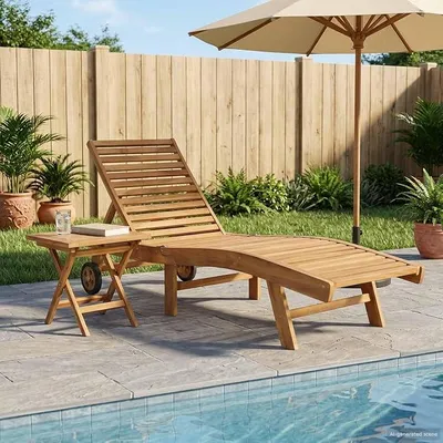 Image de Transat de jardin, transat en teck massif avec dossier réglable, lot de 2, couleur marron, avec table pliante, résistant aux intempéries, idéal pour balcon, terrasse, piscine et espaces extérieurs, pour une relaxation optimale