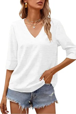 Produktbild von Damenmode Kurzarm-T-Shirt mit V-Ausschnitt, einfarbig, locker geschnitten,Größe:XXL